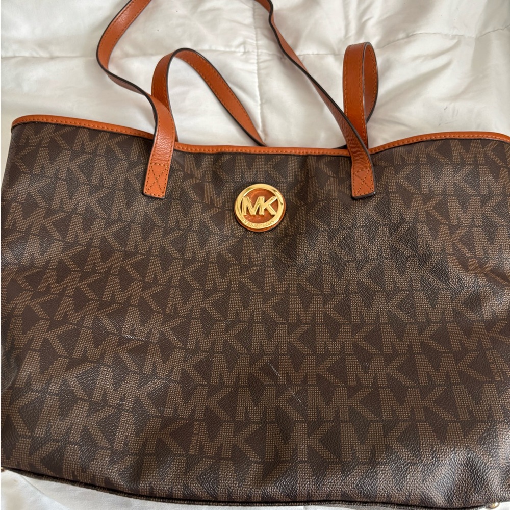 Michael Kors Brown Monogram Tote Bag with Gold Accents